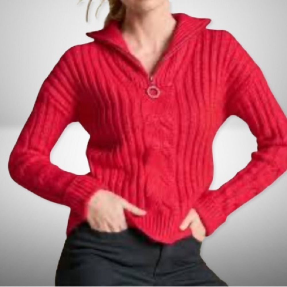 Venus Cable Knit Quarter Zip Chunky Red Jeweled Sweater SZ XL
